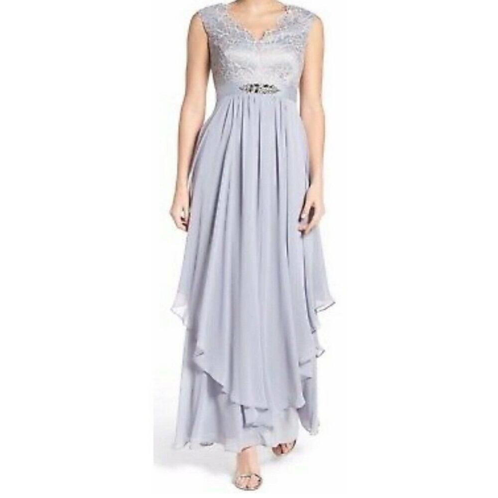 Eliza J‎ gray purple pink lace rhinestone formal maxi dress size 8